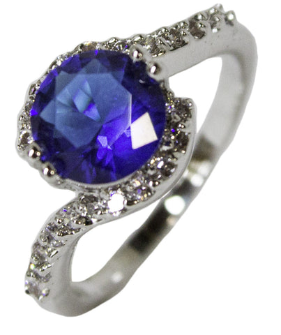 Women's Rhodium Plated Dress Ring Synthetic Sapphire and CZ 038