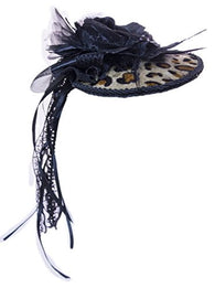 Leopard Print Flat Hat Hair Comb With Flowered Bow