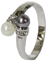 Women's Rhodium Plated Dress Ring Black and White Pearl Crystal 059