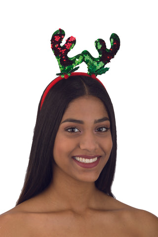 Christmas Bling- Color Changing Sequin Antler and Holly Headband Hairpiece