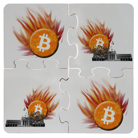 Bitcoin Comets Smashing the Federal Reserve 4pc Puzzle Coaster Set