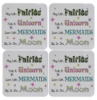 Set of Four Play With Fairies Ride A Unicorn Cork Backed Coasters