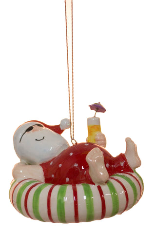Christmas Ornament, Santa Relaxing on an Inner Tube Float with a Tropical Drink