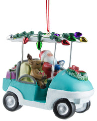 Santa & Reindeer Driving a Golf Cart w/ Lights Christmas Ornament