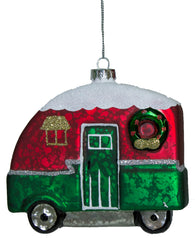 Christmas Camper Blown Glass Ornament With Glitter (Green)