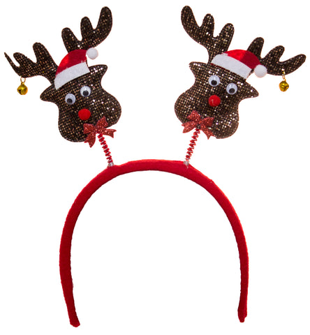 Christmas Accessory - Glittery Reindeers w/ Santa Hats Headband