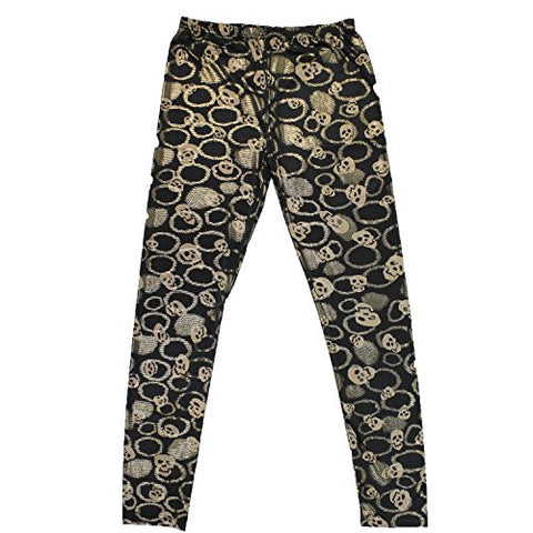 Halloween Costume Accessory Black Leggings with Tan Skulls and Gold Accents