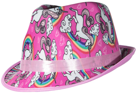 Brightly Colored Unicorn and Rainbow Print Derby Hat, Felt, One Size