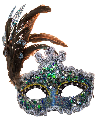 Blue Carnival Mask w/ Braids, Feathers & Sequins