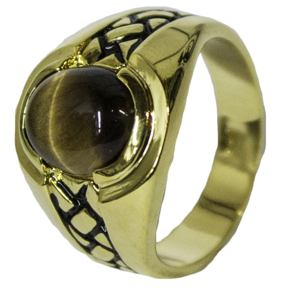 Men's 18 Kt Gold Plated Dress Ring Genuine Tiger Eye 068