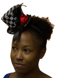 Checkered Mini Top Hat Headband with Feathers & Flower